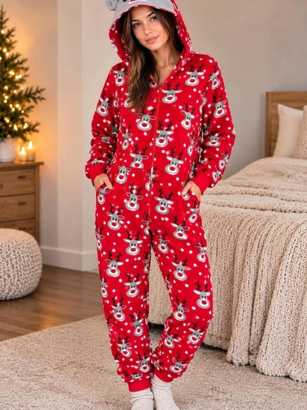 Red Reindeer Hooded Onesie Jumpsuit Pajama